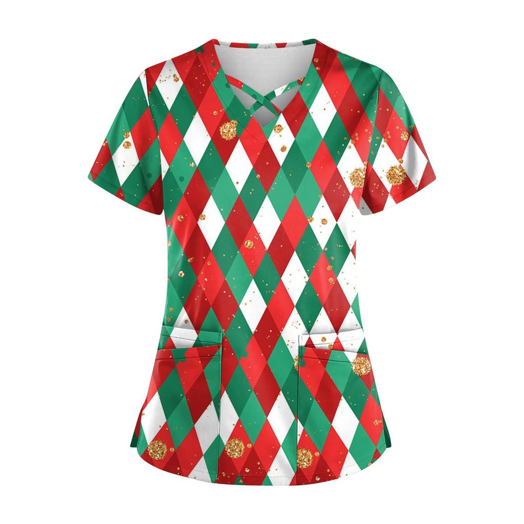 Damen Weihnachtsdruck Uniform Arbeitsuniform V-Ausschnitt Tasche Schutz Arbeitsuniform