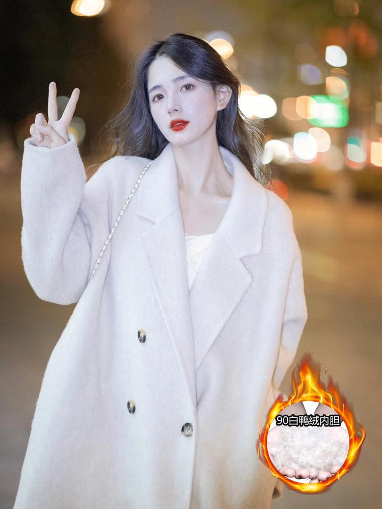 Black medium and long down jacket women's winter small man feeling down liner cashmere woolen coat coat