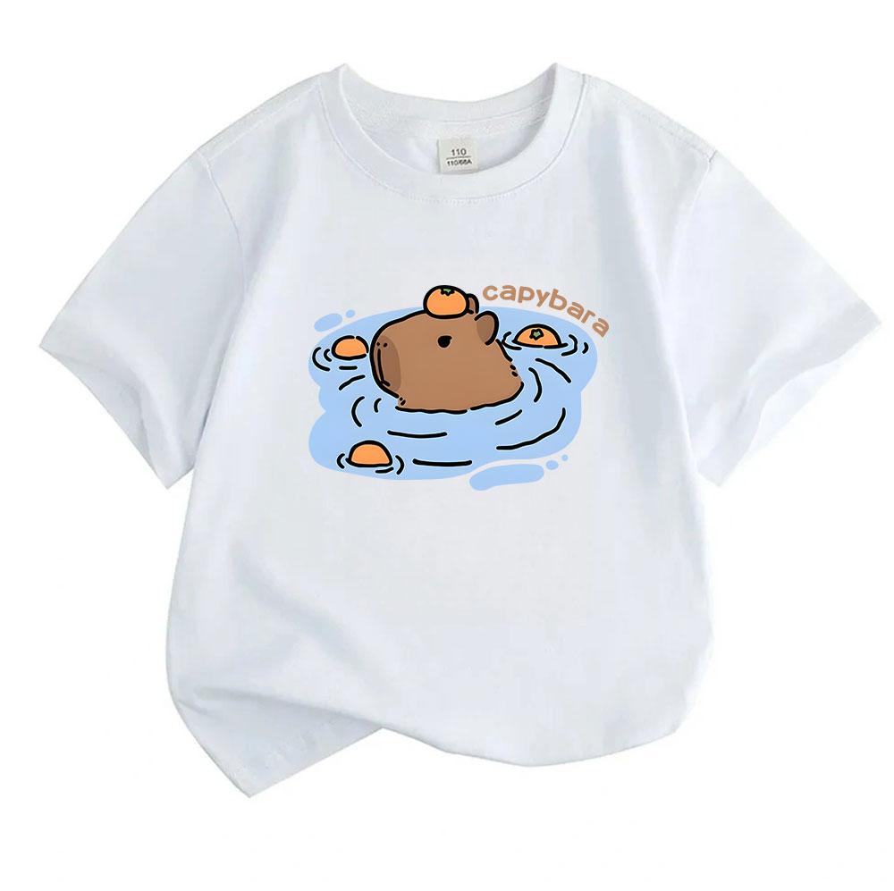 Kids Boys Girls 100% Cotton Short Sleeve Crew Neck T-Shirt, Cute Capybara Orange Bathing Pattern Casual Lightweight Summer Tops for Daily Wear