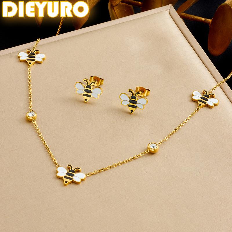 DIEYURO 316L Stainless Steel Cartoon Cute Bee Zircon Neck Earrings Set For Women New Fashion Trend Waterproof Jewelry Gift Set