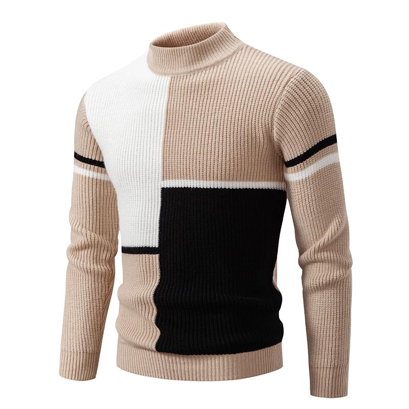 Men's Autumn New Arrival Color Block Pullover Sweater Casual Mock Neck Warm Knitted Fashion Top for Men
