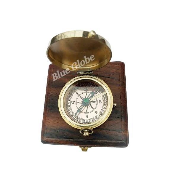Handmade 2 Inch Brass Push Button Magnetic Compass Direction Finder Navigational Collectible Pocket Compass with Wooden Box