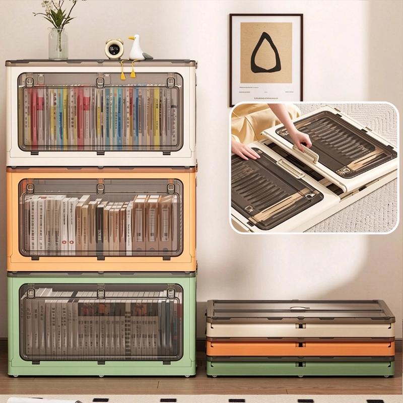 1Pcs Thickened Plastic Folding Collapsible Storage Bin Living Box Storage Box With Front Open Door Stackable Organizer For Book