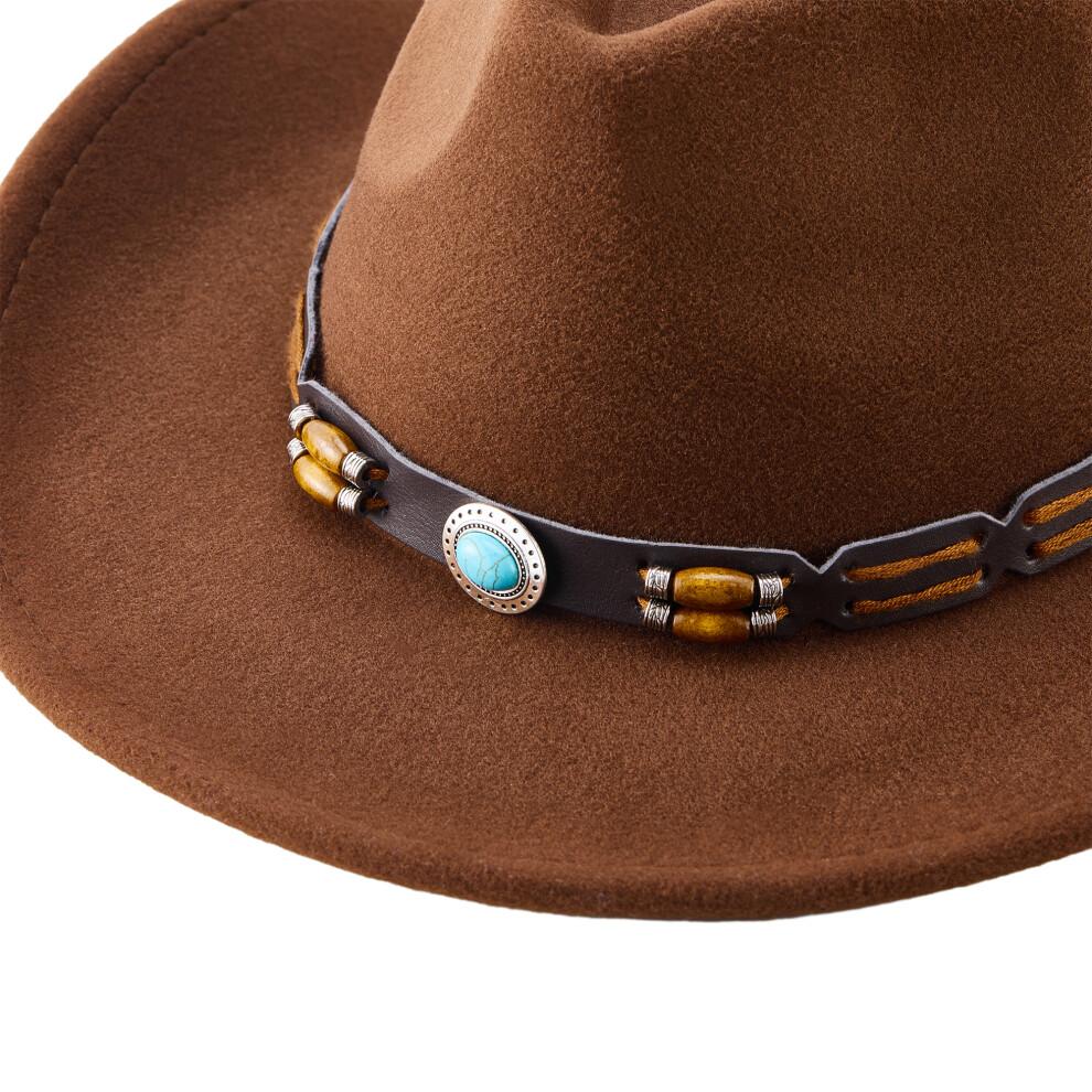 (One Size, Coffee) Western Cowboy Hat for Women Men Bohemian Cowgirl Hat with Beads Trim Outdoor Sun Hat