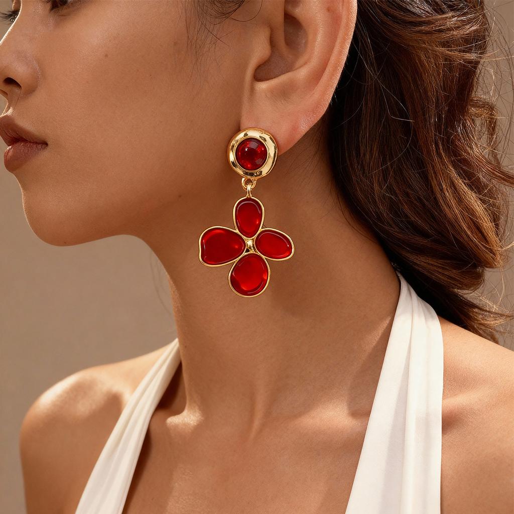 European and American retro oil dripping irregular pleated flower silver needle earrings autumn and winter medieval simple New Year red earrings