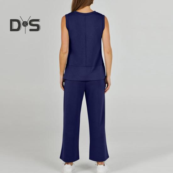 2-teiliges Oberteil- und Hosenset für Damen, einfarbig, Rundhalsausschnitt, ärmellos, Seitenschlitz, lockere Weste, weites Bein, Seitentaschen, Hose für den Alltag, Pendeln, Urlaubsoutfit