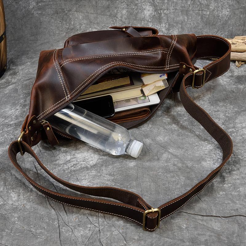 Retro Big Leather Chest Bag For Sports Hiking Biking Crossbody Bags Crazy Horse Leather Men Male Chest Packs Single Shoulder Bag