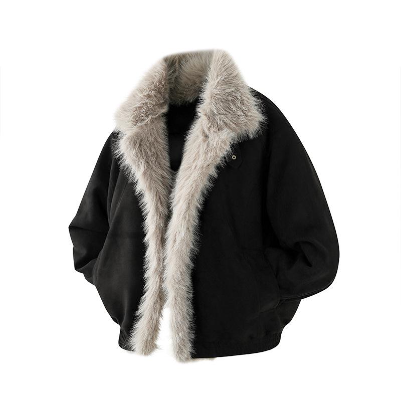 

Men s American Retro Cotton Jacket with Mountain Eagle Design, Winter Warmth, Thick Stand Collar, and Large Fur Detail. 2XL чорний