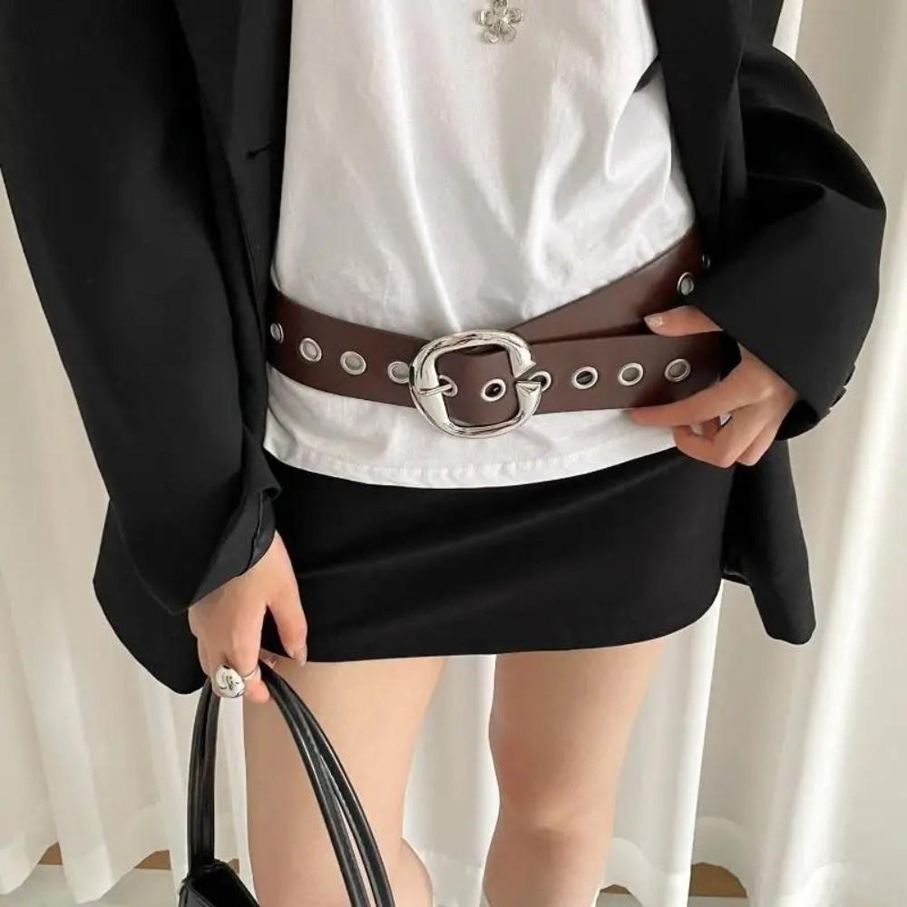 Retro Wide Belt Versatile Needle Buckle Belt Y2K PU Leather Belt  for Women