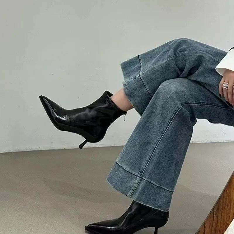 Spring Women's Pointed Toe High-heeled Short Boots with Stiletto Heelsoptional Fleece Lining Medium-heeled Fashion Women's Boots