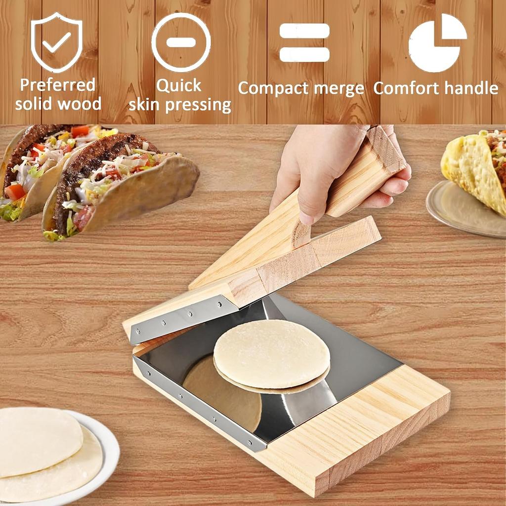 Wooden Tortilla Press: Upgraded Wooden Quesadilla Maker with Stainless Steel Inner Panels,Tortilla Maker ,8×6 Inch