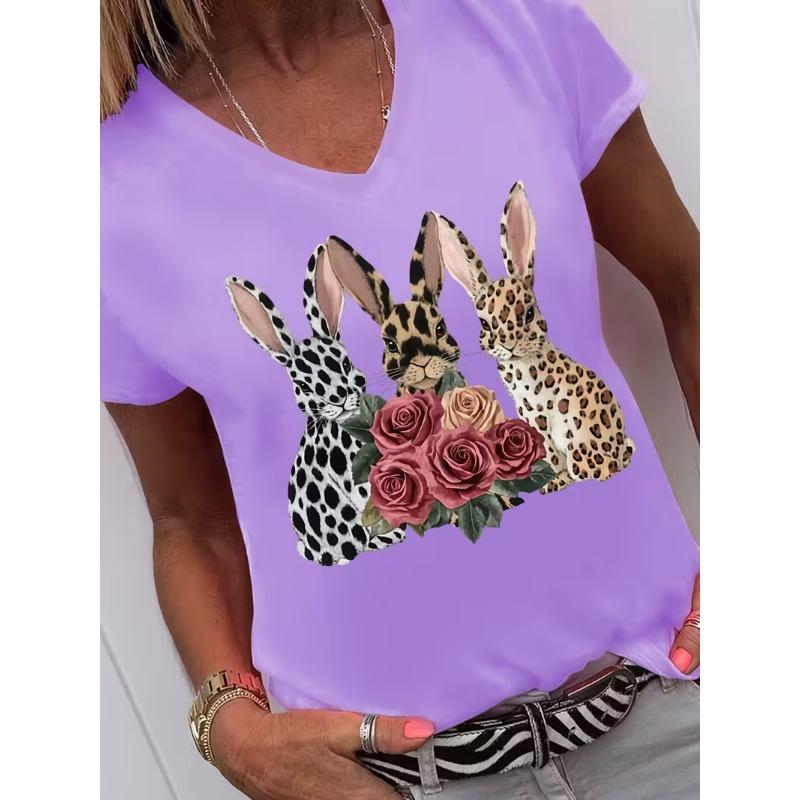 T-shirt à manches courtes pour femme avec imprimé floral et feuilles, col en V