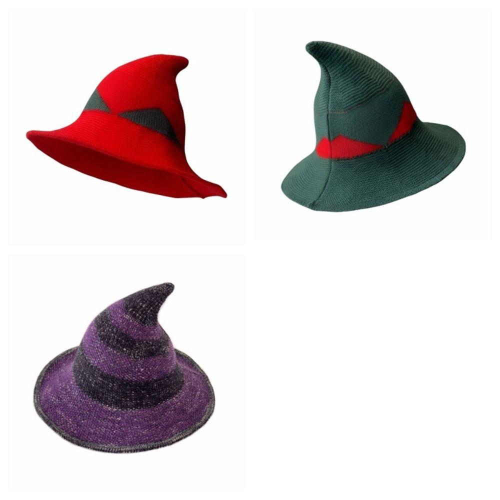 Color Blocked Witch Hat Spire Halloween Hat Knitted Wizard Cap Photography Prop