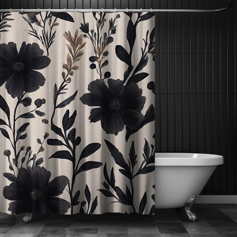 Gothic Floral Shower Curtain, Black Floral Shower Curtain, Black Wildflower, Vintage Gothic Shower Curtain, Spring W60H190(CM)-1 Pcs