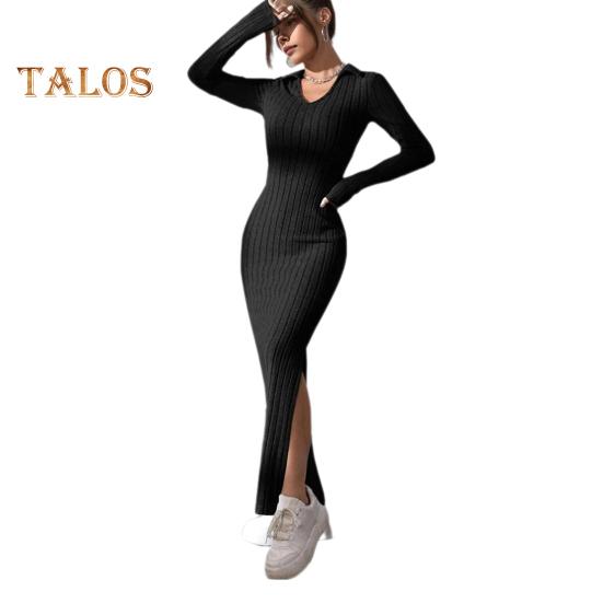 

Женское платье весна-осень с V-образным вырезом, разрезом по низу, облегающим кроем, длинными рукавами, длиной до щиколотки, трикотажное эластичное платье макси для шопинга, свиданий, вечеринок M чёрный