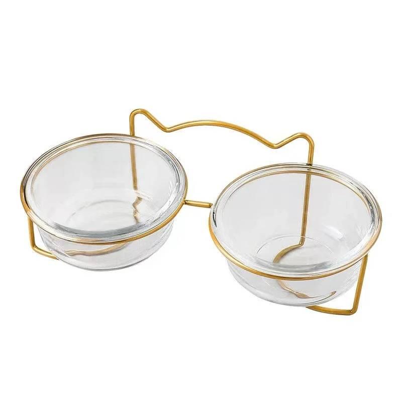 Glass Cat Dog Bowl Puppy Food Bowl With Iron Frame Gold Stand Raised Water Feeder Bowl Pet Supplies Accessories