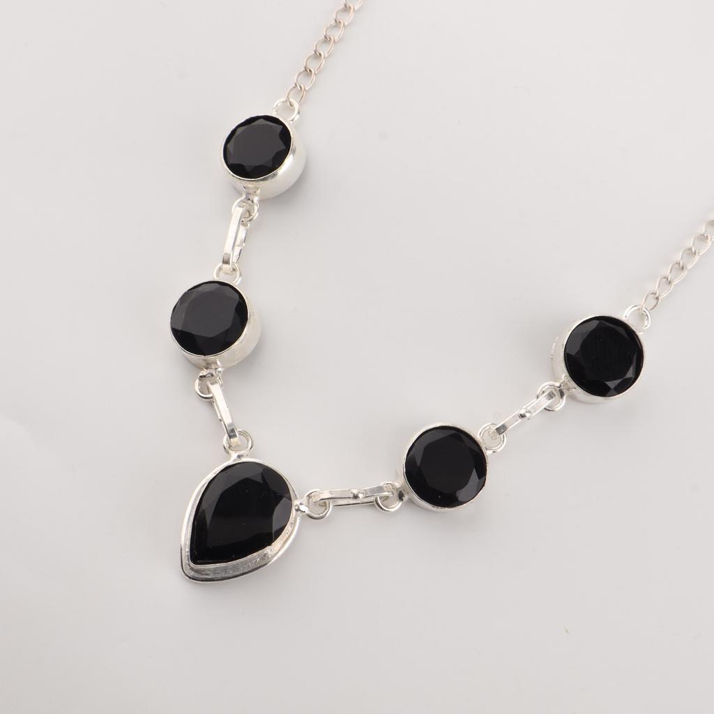Collana d'Argento con Pietra di Onice Nera 16-18", Gioielli in Argento Sterling 925, Gioielli Mese di Nascita Luglio, Collana da Matrimonio in Onice Per Lei RN-3-22