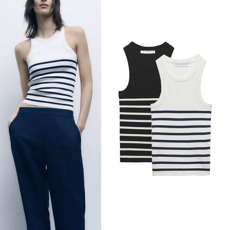 Spring and Summer New Arrival Stripes I-Shaped Vest round Neck Stretch Tight Sleeveless Knitting Tops 3471008