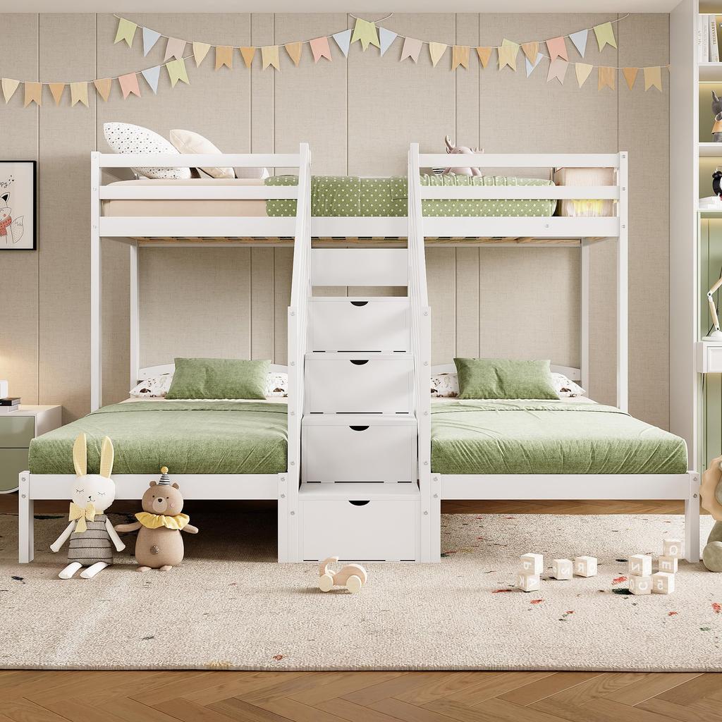 Etagenbett 90x200 3 Kinder EN 747 Zertifiziert Hochbett Holzbett Stauraumtreppe Jugendbett 3 Betten Lattenrost Weiß