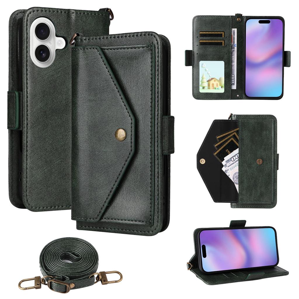 For iPhone 17 Leather Case Magnetic Closure Wallet Stand Phone Cover with Crossbody Strap