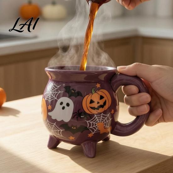 Cute Ghost Pumpkin Teacup Halloween Witch Cauldron Coffee Mug 360ml Spider Web Pattern Purple Novelty Drinkware Ceramic Cup Spooky for Party