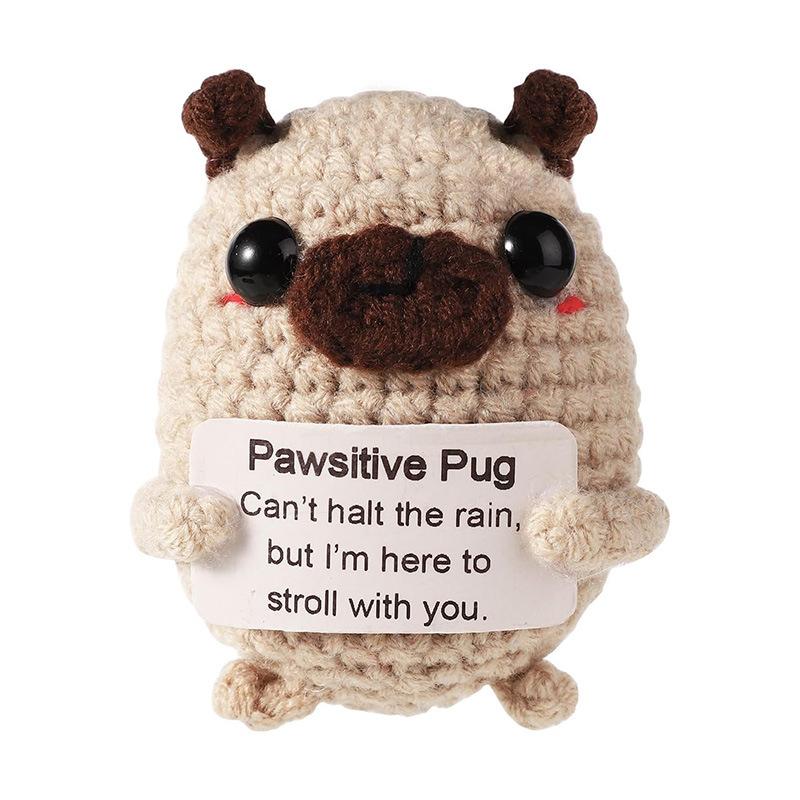 Personalized Crochet Positive Pug Doll Home Room Decor Handmade Knitted Dog Doll Christmas Birthday Friend Party Decoration Gift