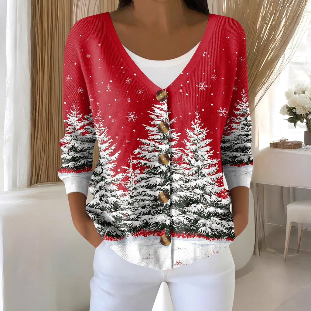 Damemote Langermet Christmas Snowman Snowflake Print Jakke Cardigan