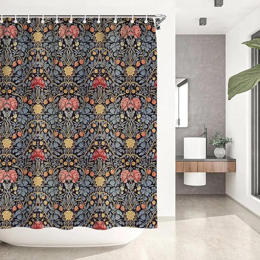 Exquisite Floral and Bird Pattern Print Water-resistant Shower Curtain with Vintage Design for Elegant Bathroom Decor