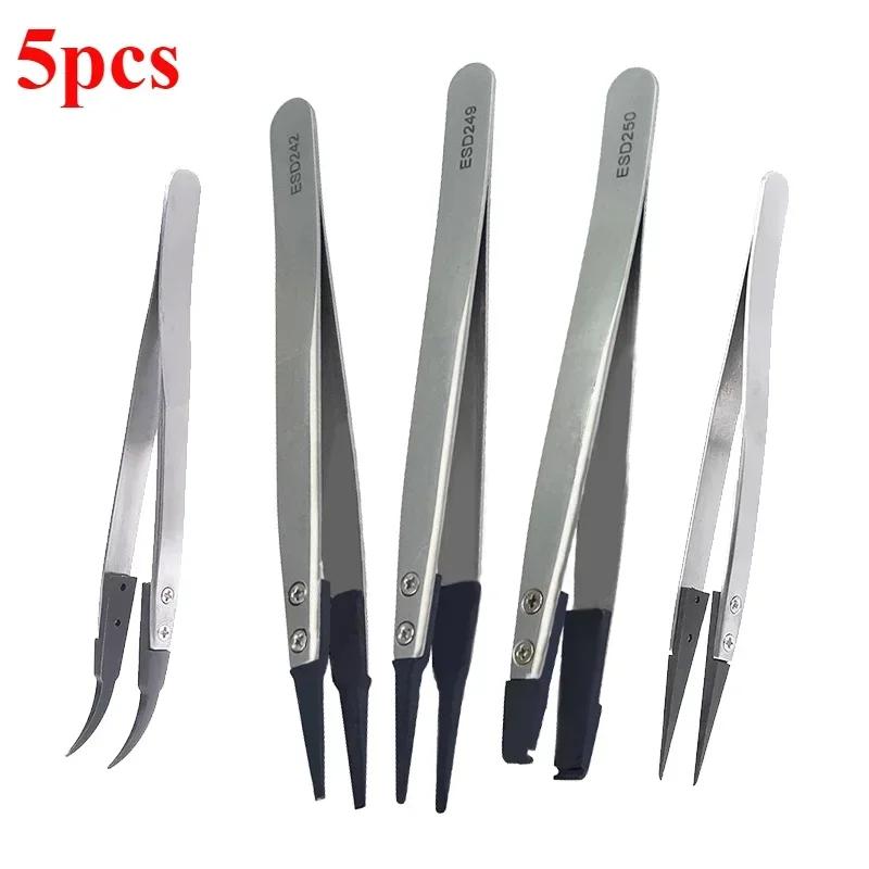 6pcs Watch Hands Installation Work Tweezers Straight Elbow Handle Stainless Antistatic Plastic Tweezers ESD-259 ESD-259A ESD-7A