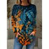 Modna damska koszulka T-shirt Liść Nadruk 3D Casual Wakacyjna Moda Koszulka z Długim Rękawem Okrągły Dekolt Żółta Letnia Bluza Pulower