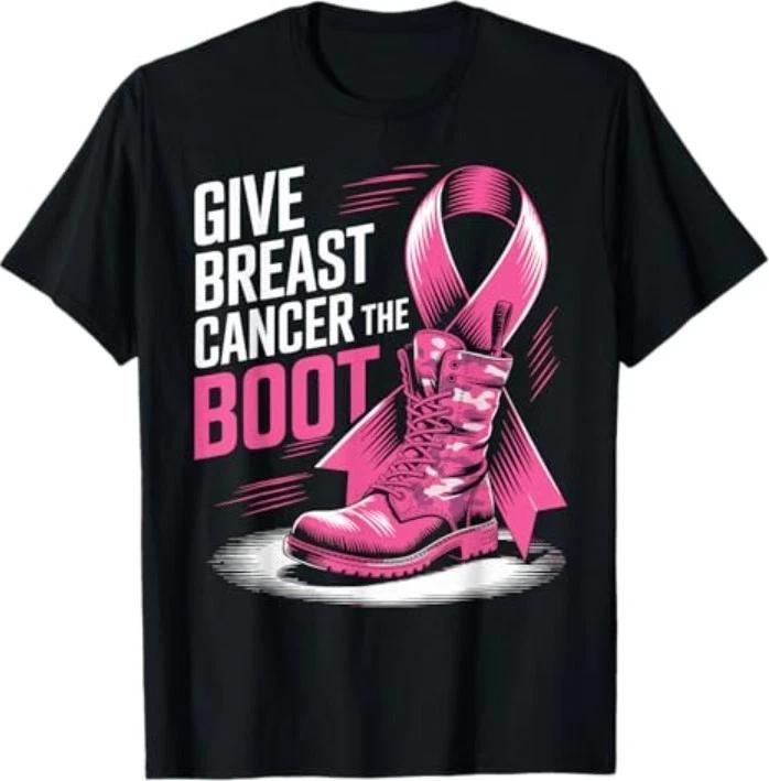 Give Breast Cancer The Boot Pink Military October Awareness 100% Cotton T-shirt Mens Tees Top M