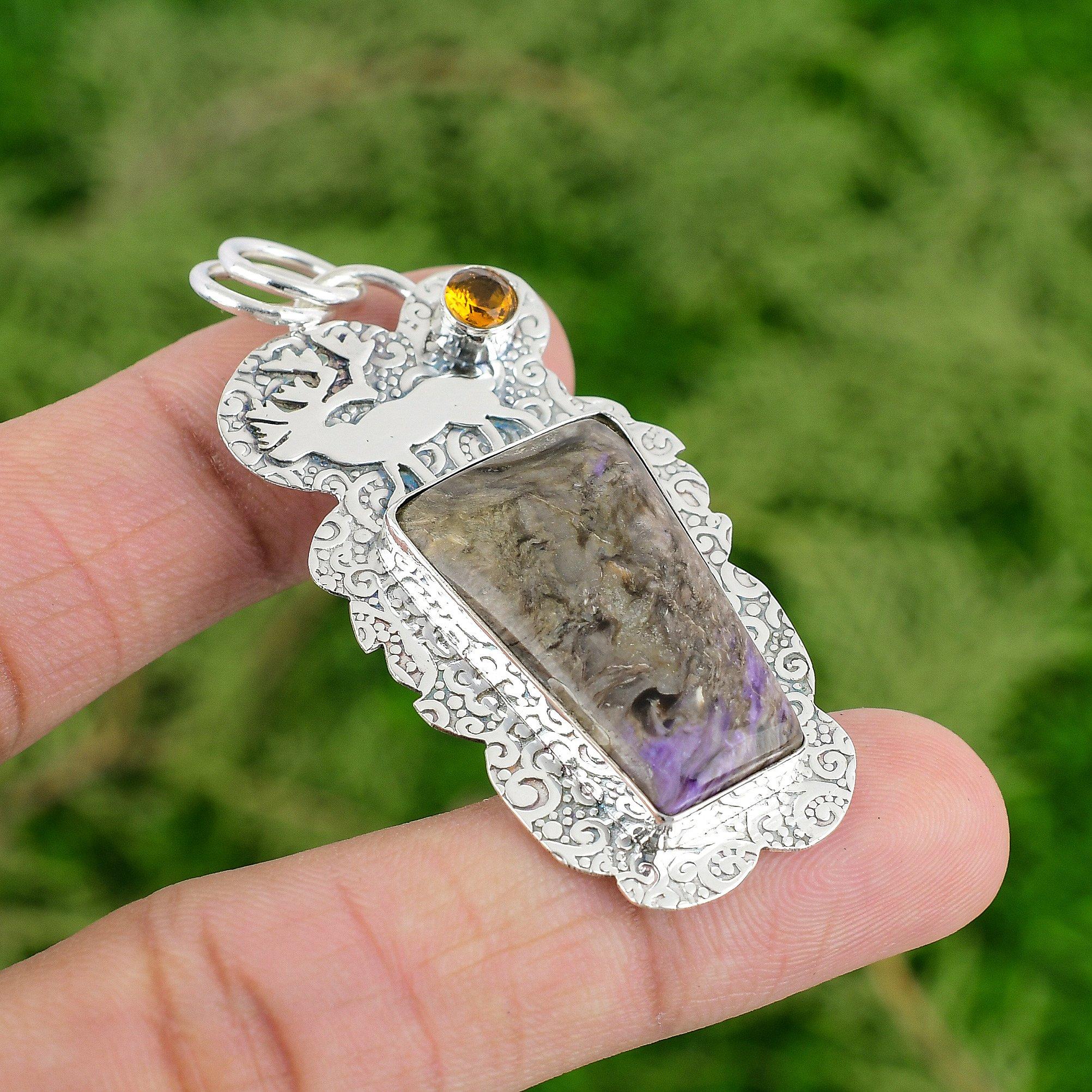 

Daughters Day Sale Russian Charoite Gemstone Citrine New Pendant Sterling Silver