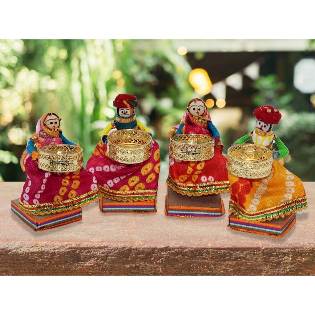 Suport pentru lumânări cu candelabric pentru păpuși în picioare reciclate Martial Rajasthani, multicolor (2 perechi)(4 suporturi pentru lumanari)
