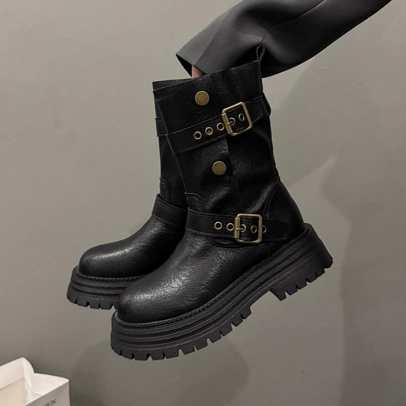 

Fashion Women Boots Retro British Style Short Boot Fashion Mid-Calf Leather Boot Belt Buckle Design Knight Boots for Women Platform Bota 35 чёрный