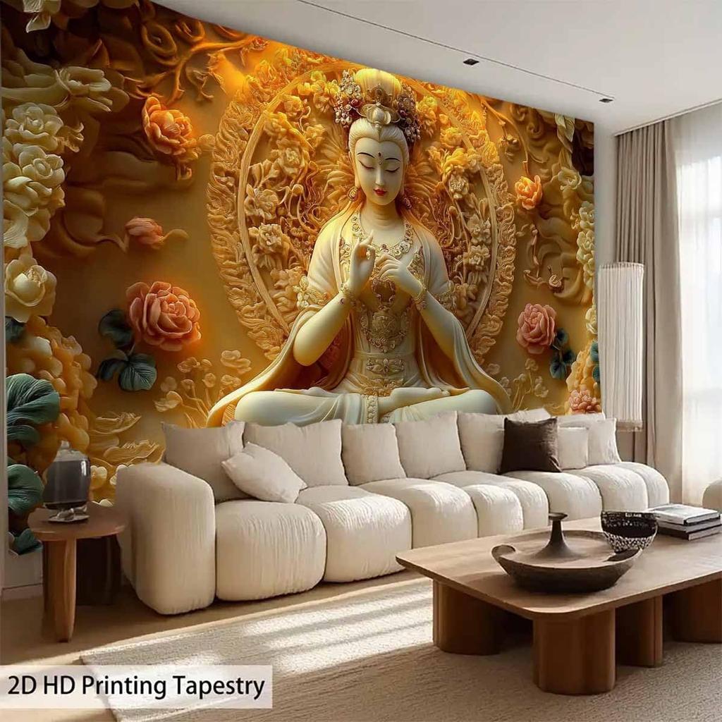Golden Buddha Goddess Wall Tapestry With Floral Carving And Peaceful Design Art Decor For Zen Bedroom Meditation Space