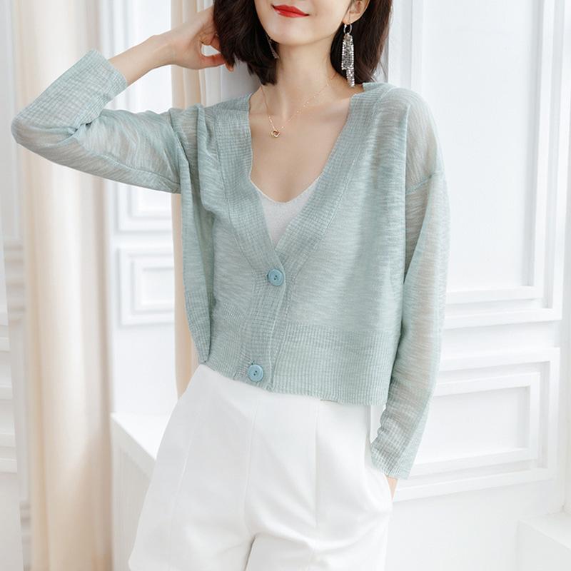 

Spring and summer new thin ice silk knitted cardigan top women s loose simple sunscreen shawl air-conditioning shirt jacket One Size