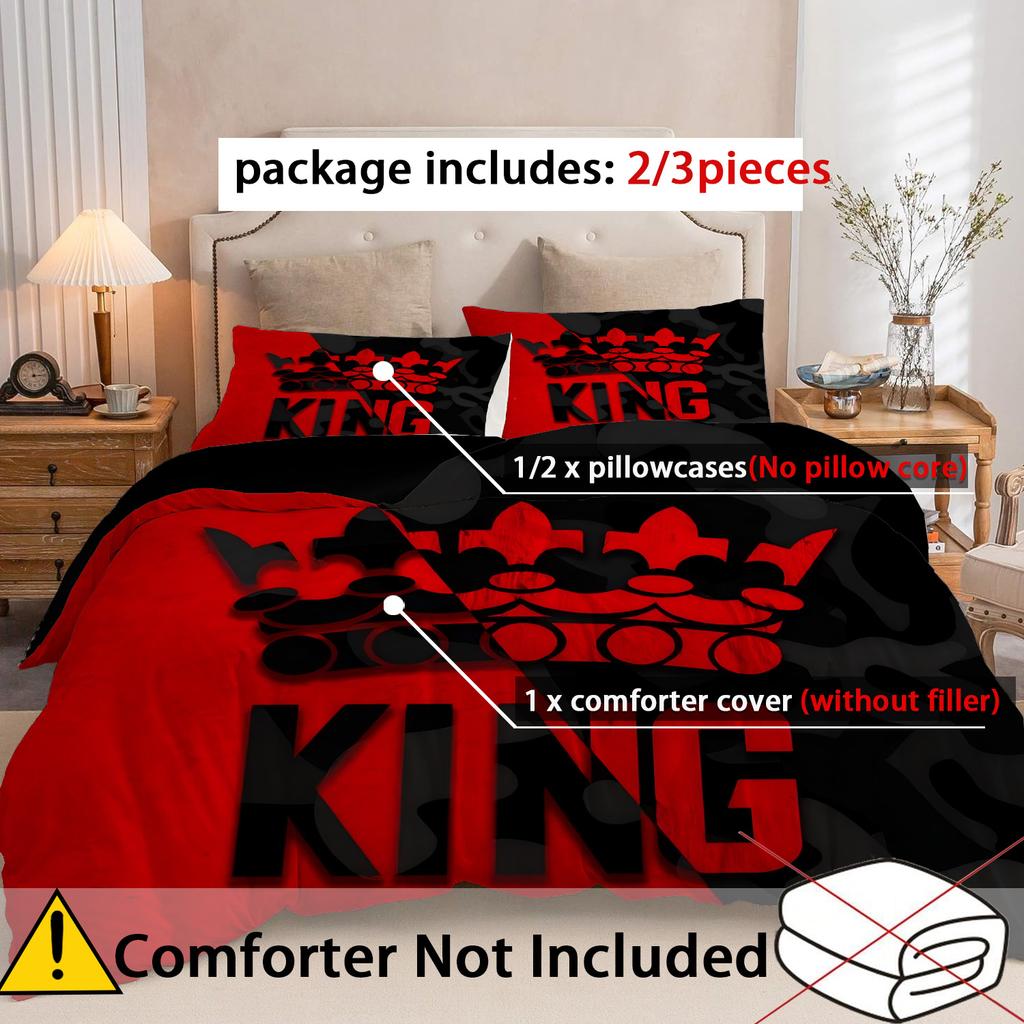 King'S Crown Muster 3D Gedruckter Bettbezug Rot Schwarz Paar Stil Bettbezug Set Weich Bequem Polyester Steppdeckenbezug Set