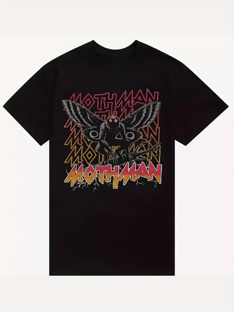 Mens Gothic Moth and Moon Pattern Tshirt Cotton Loose Casual Tshirt with MOTH lettering MOTHMAN letters contrasting design