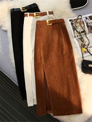 Herbst Winter Cord frauen Röcke mit Gürtel Hohe Taille Gerade Klassische Front Split Röcke Damen Weibliche