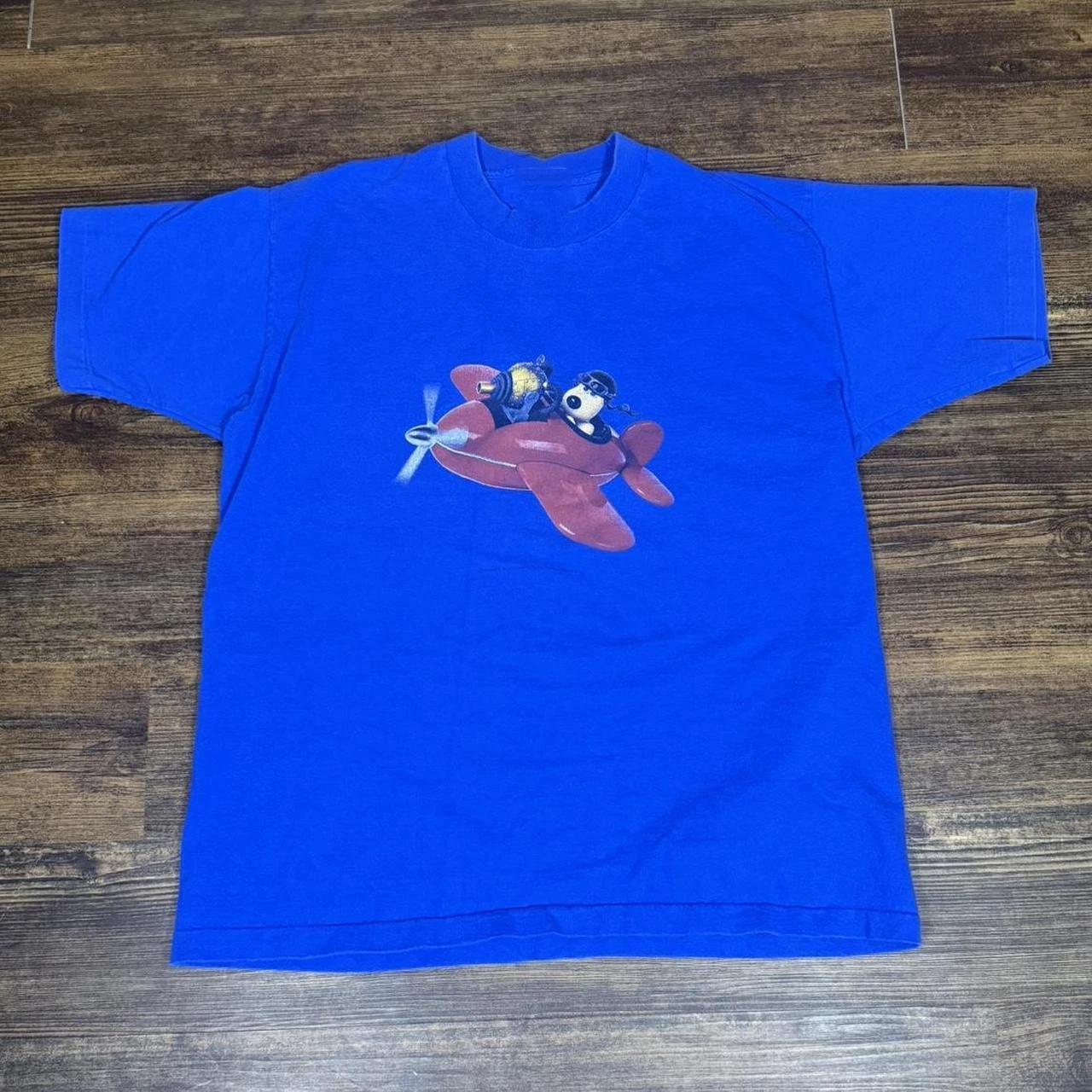 Vintage 1989 Wallace & Gromit Red Airplane Tee Blue Neon S