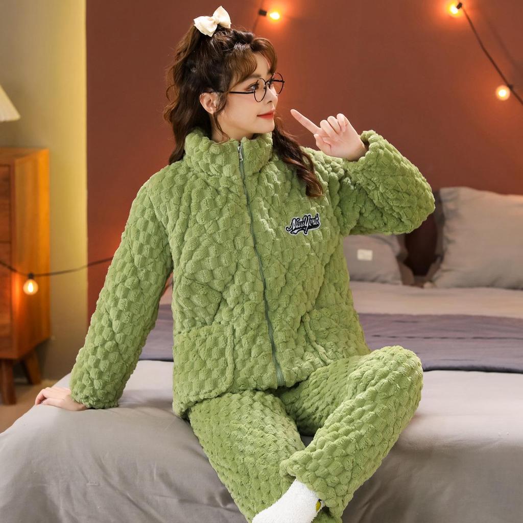 Women's Quilted Fleece-Lined Winter Pajama Set - Plus Size, Cute, Thick, Round Neck Homewear.