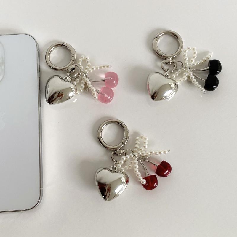 3D  Cherry Keychain Pearl Bow Silver Heart Pendant Keyring Women'S Bag Accessories Gifts