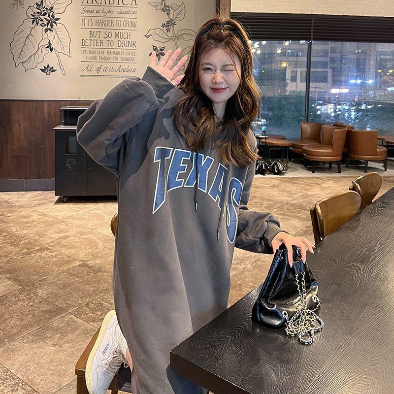 New Autumn and Winter Fat MM Lazy Style Loose and Slim Plus Velvet Thick Hooded Over-knee Long Sweatshirt Dress for Women