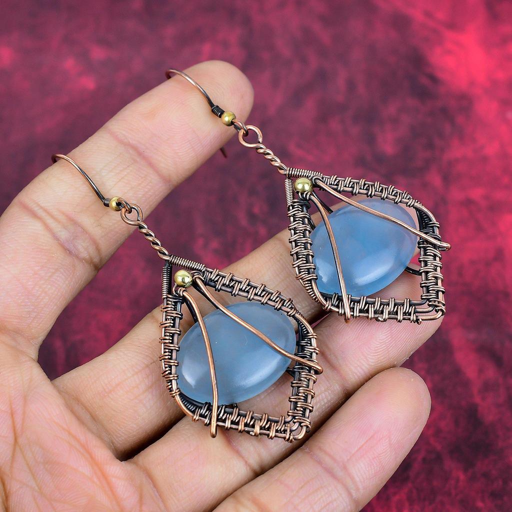 Aquamarine earrings copper wire wrapped earring handmade copper jewelry natural gemstone earrings gifts for wife wire jewelry dangle earring