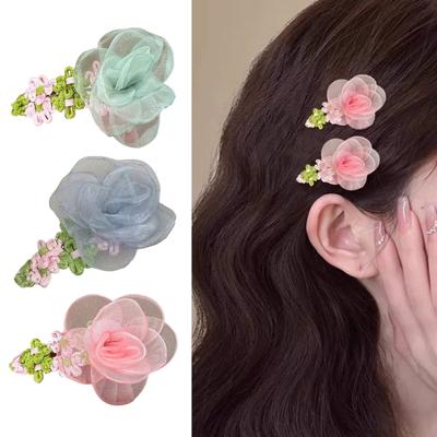 Hairpin Organza Flower Hair Clip with Hand-Crocheted Petals Leaves Sweet Style Bang Hair Pin Hair Accessories