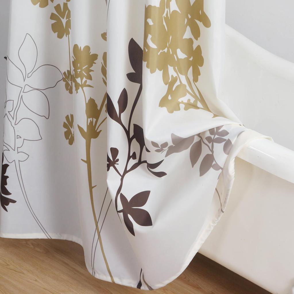 Floral Pattern Fabric Shower Curtain, Beige Gray Plant Bathroom Shower Curtain, Waterproof Bathroom Shower Curtain Curtain