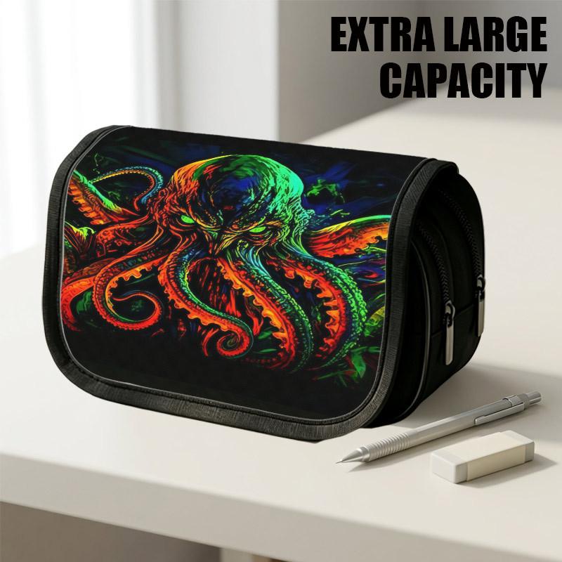 1pc Flip-Top Pencil Case, Glowing Octopus Neon Large Capacity Thickened Oxford Pencil Bag Double-Layer Zipper Pencil Pouch, Aesthetic Back To School S