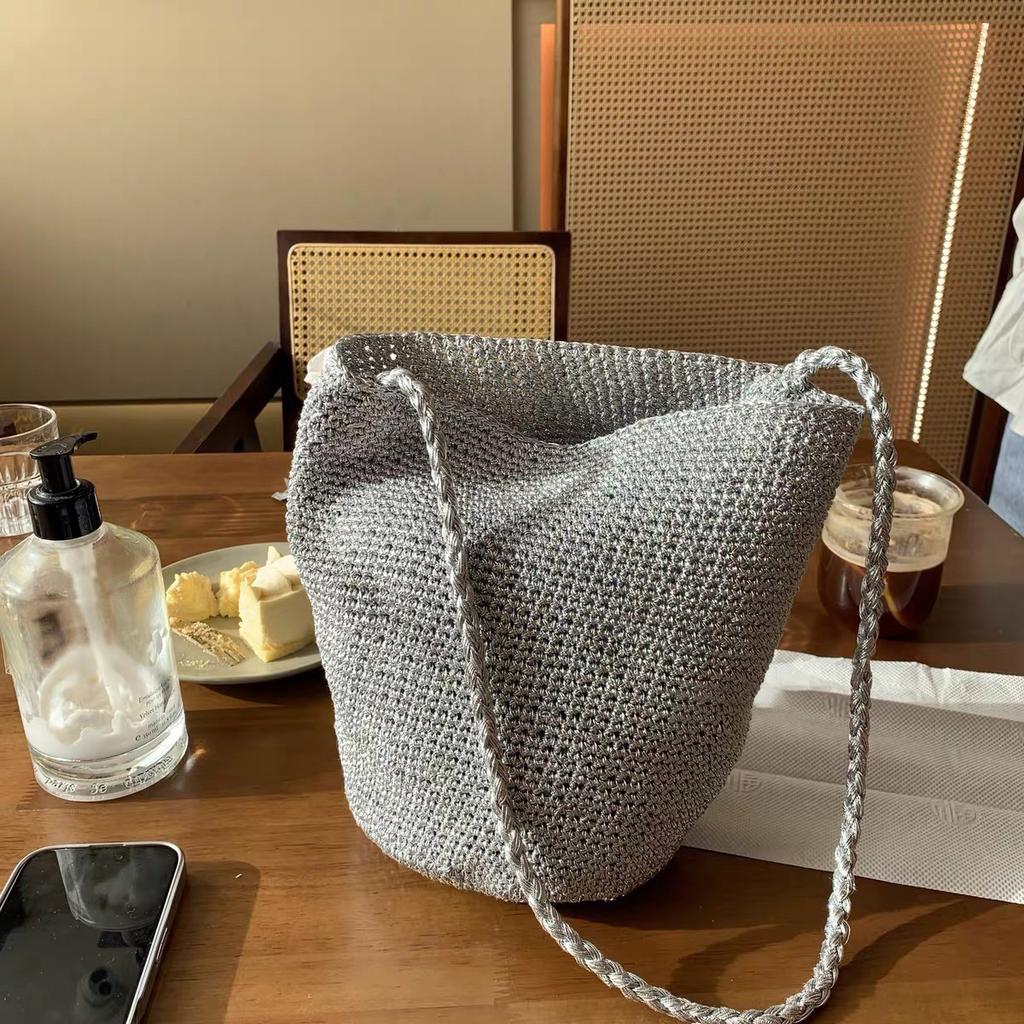 Explosive Flash Blue Niche Handmade Woven Shoulder Bag Casual Ins Korean Versatile Bucket Bag Handbag Armpit Bag
