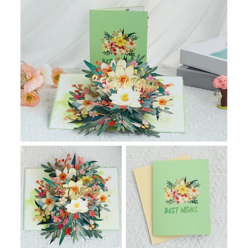 3D Popup Colorful Flower Celebration Card Foldable Paper Card with Envelope Handmade Florals Greeting Card for Mother
