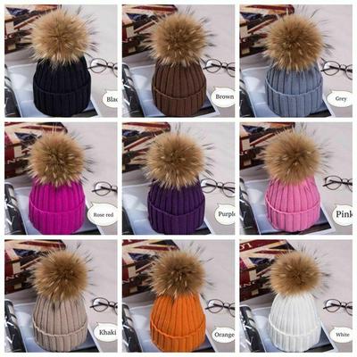 Women Winter Racoon Fur Pom Pom 16cm Ball Knit Beanie Ski Cap Bobble Hat